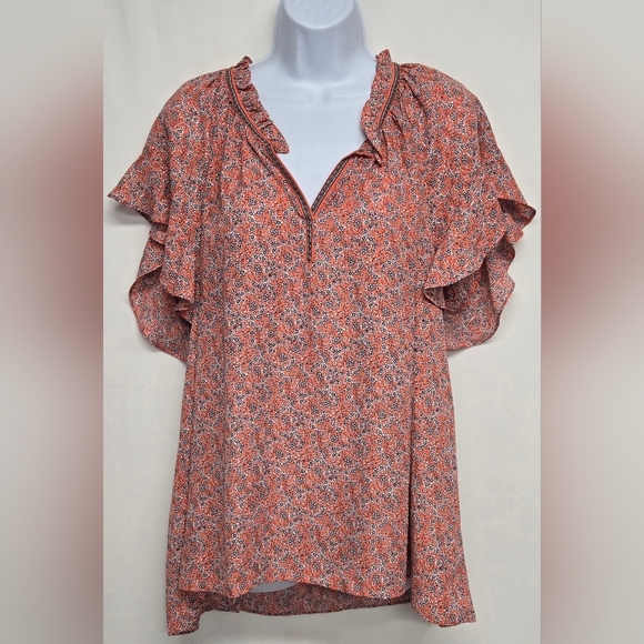 Max Studio Tops - Max Studio 2X Top Lightweight V Neck Ruffled Trim & Sleeve Orange Floral Flowy